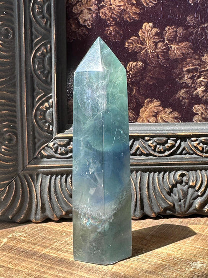 Blue Green fluorite tower with purple banding, fluorite point, rainbow fluorite