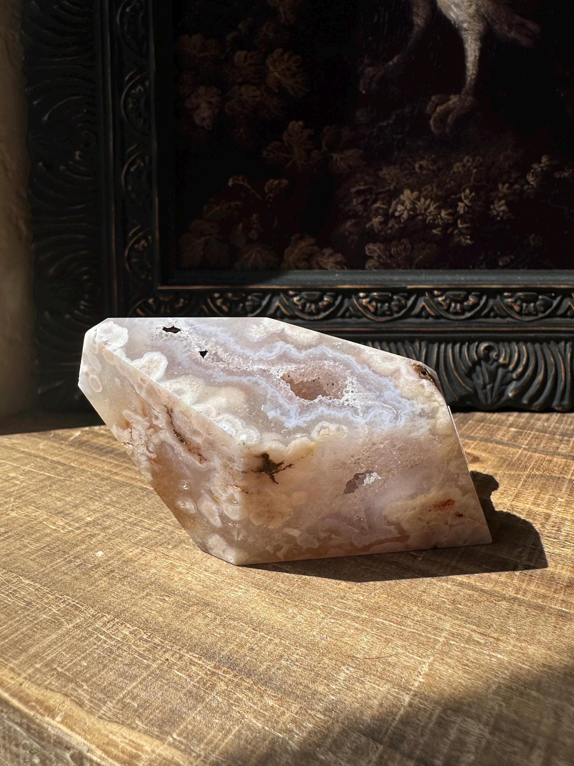 Pink Flower Agate Freeform with Beautiful druzy cave & gorgeous flower patter all over