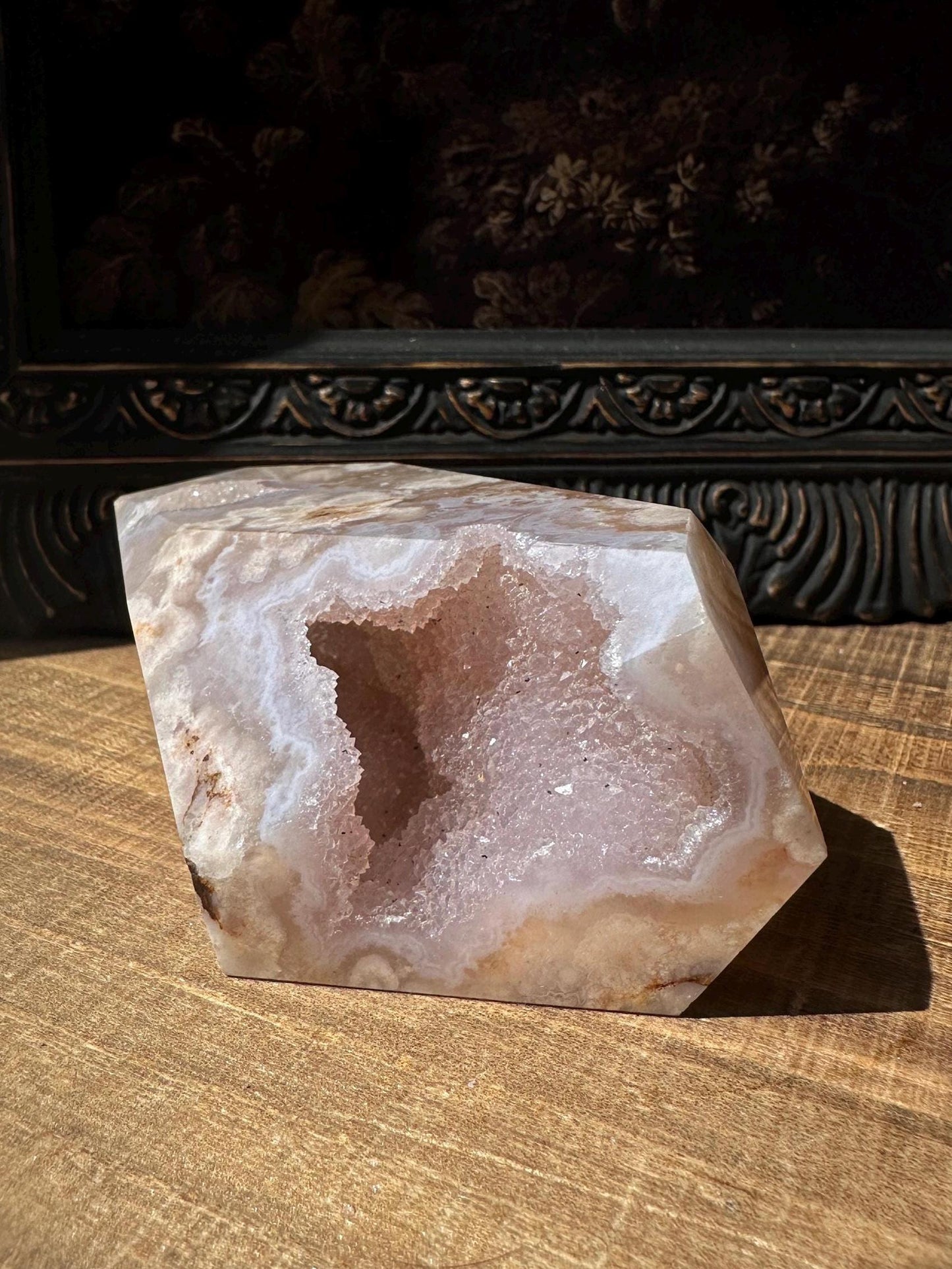 Pink Flower Agate Freeform with Beautiful druzy cave & gorgeous flower patter all over