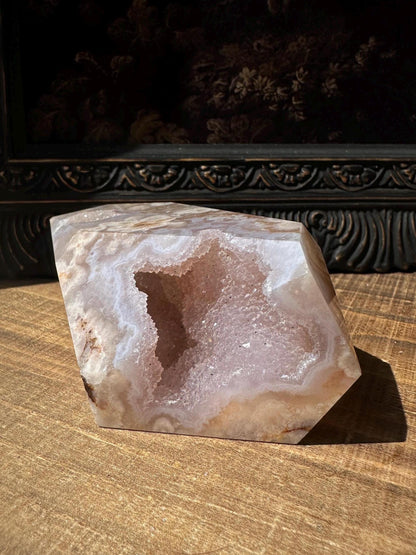 Pink Flower Agate Freeform with Beautiful druzy cave & gorgeous flower patter all over