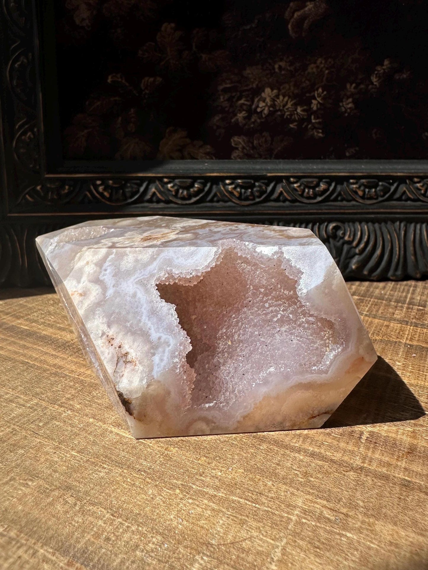 Pink Flower Agate Freeform with Beautiful druzy cave & gorgeous flower patter all over