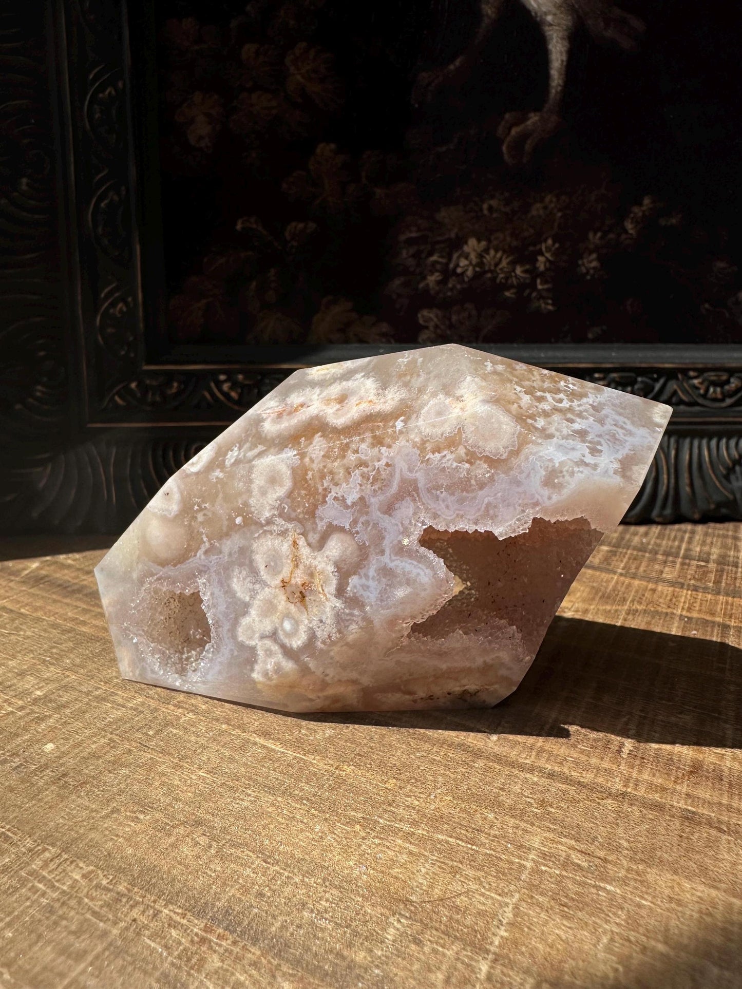 Pink Flower Agate Freeform with Beautiful druzy cave & gorgeous flower patter all over