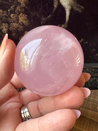 Six Star Rose Quartz Sphere Flashy Juicy Pink Rose Quartz, Gemmy with rainbow