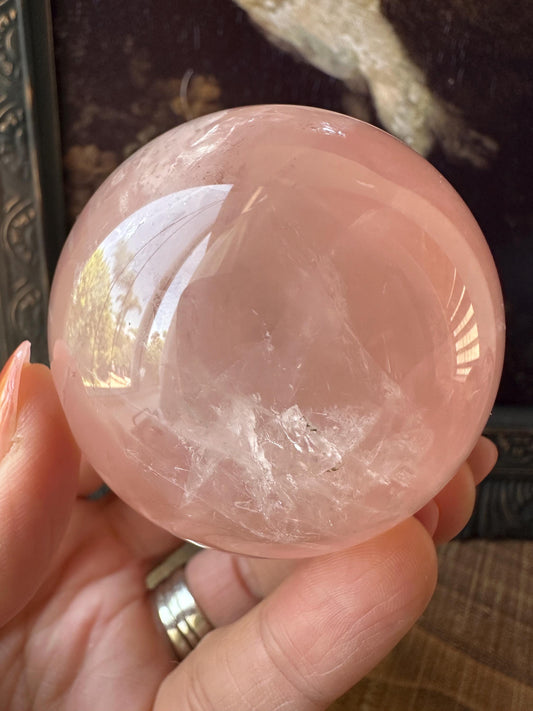 Six Star Rose Quartz Sphere Flashy Juicy Pink Rose Quartz, Gemmy with rainbow