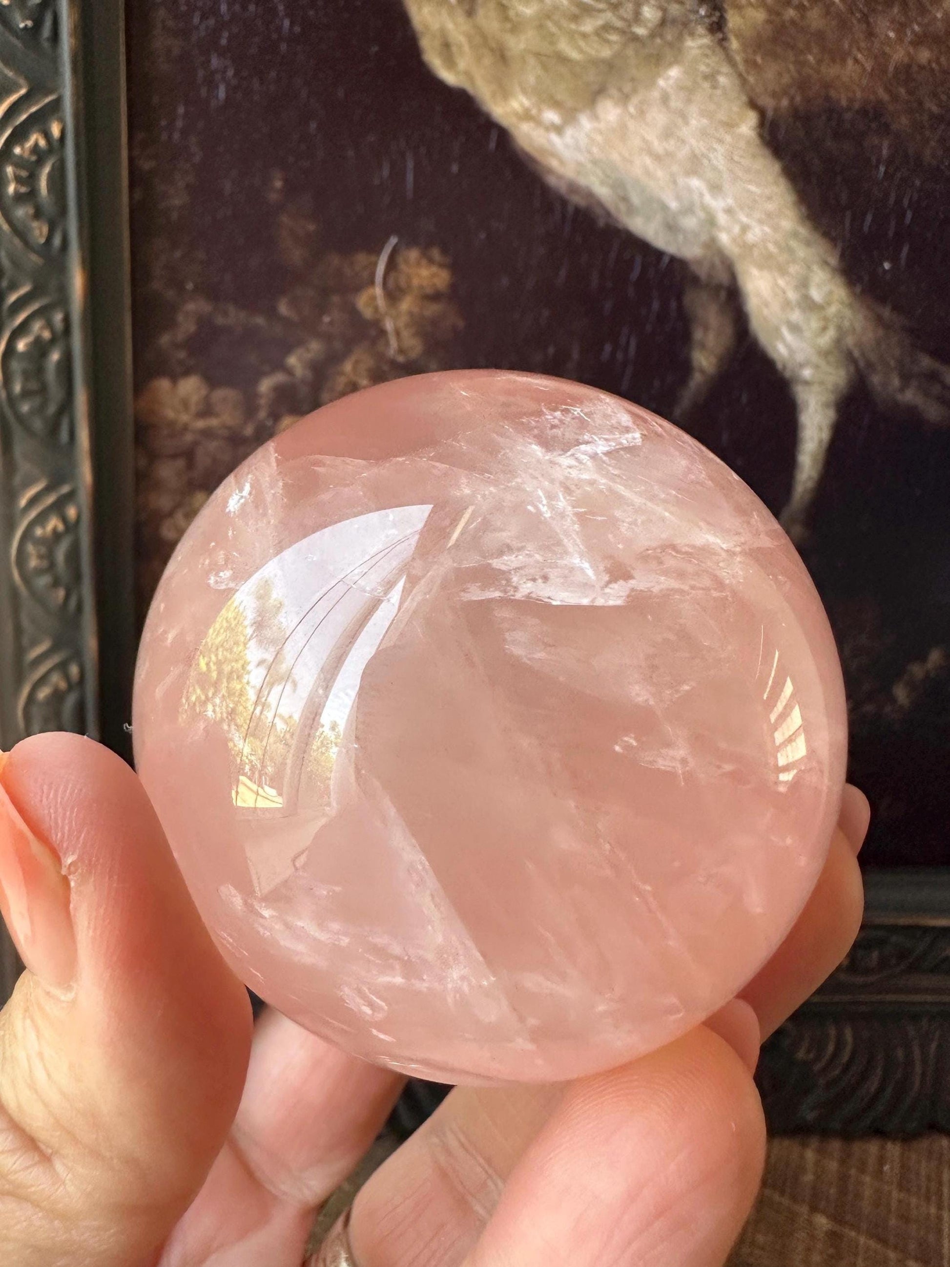 Six Star Rose Quartz Sphere Flashy Juicy Pink Rose Quartz, Gemmy with rainbow