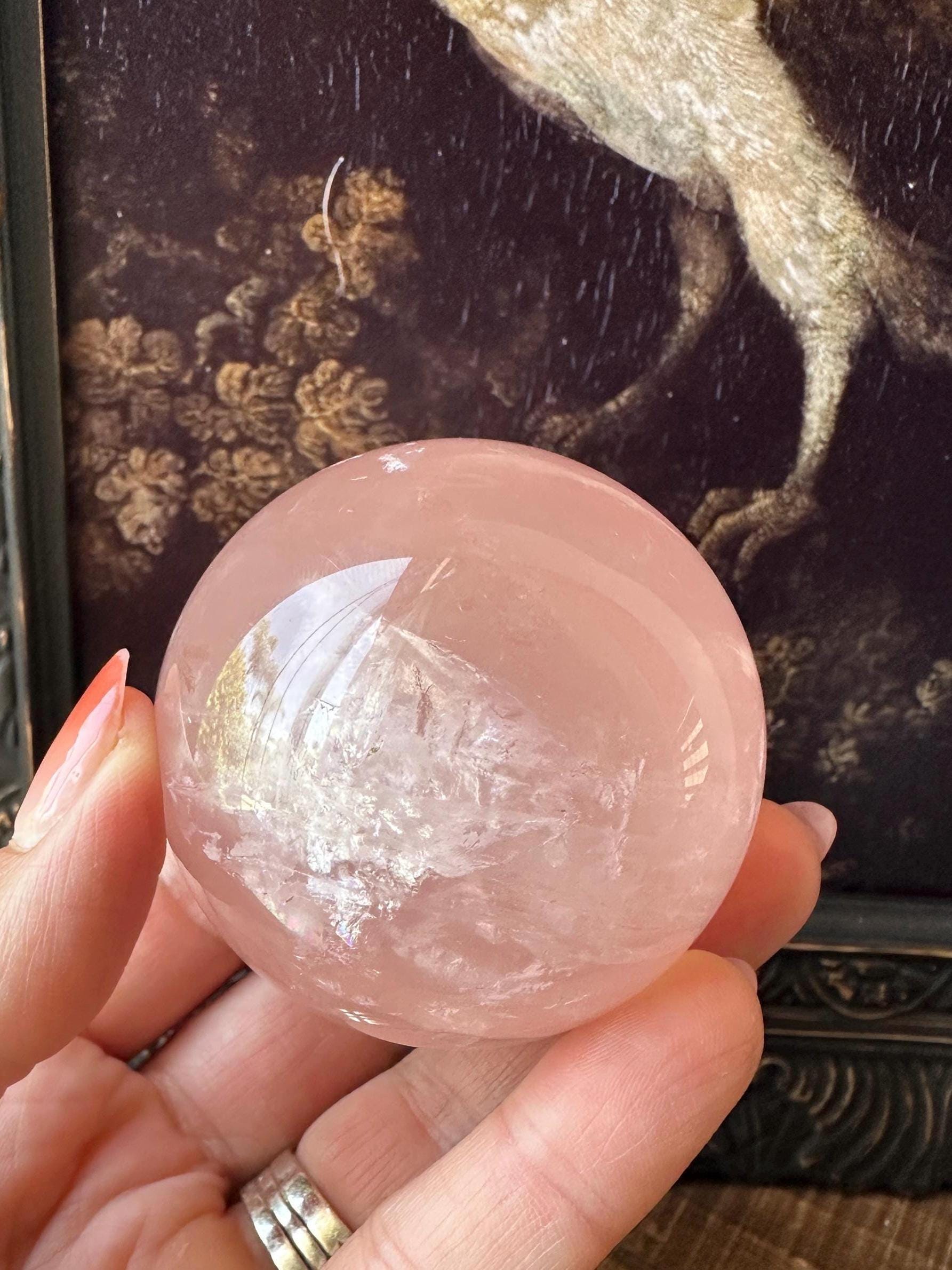 Six Star Rose Quartz Sphere Flashy Juicy Pink Rose Quartz, Gemmy with rainbow