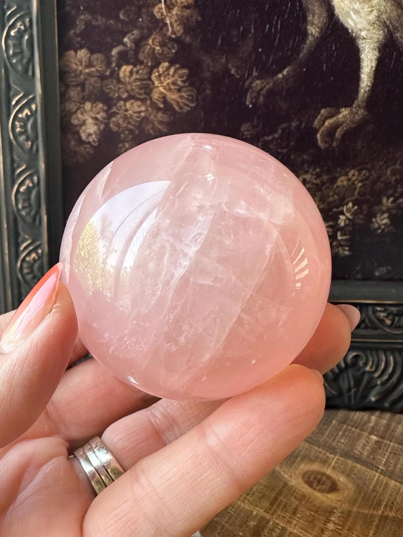 Six Star Rose Quartz Sphere with double stars, Juicy Pink Rose Quartz, Gemmy with rainbow