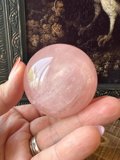 Six Star Rose Quartz Sphere with double stars, Juicy Pink Rose Quartz, Gemmy with rainbow