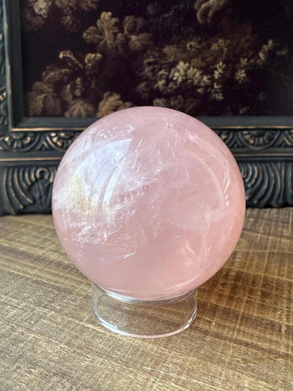 Six Star Rose Quartz Sphere with double stars, Juicy Pink Rose Quartz, Gemmy with rainbow