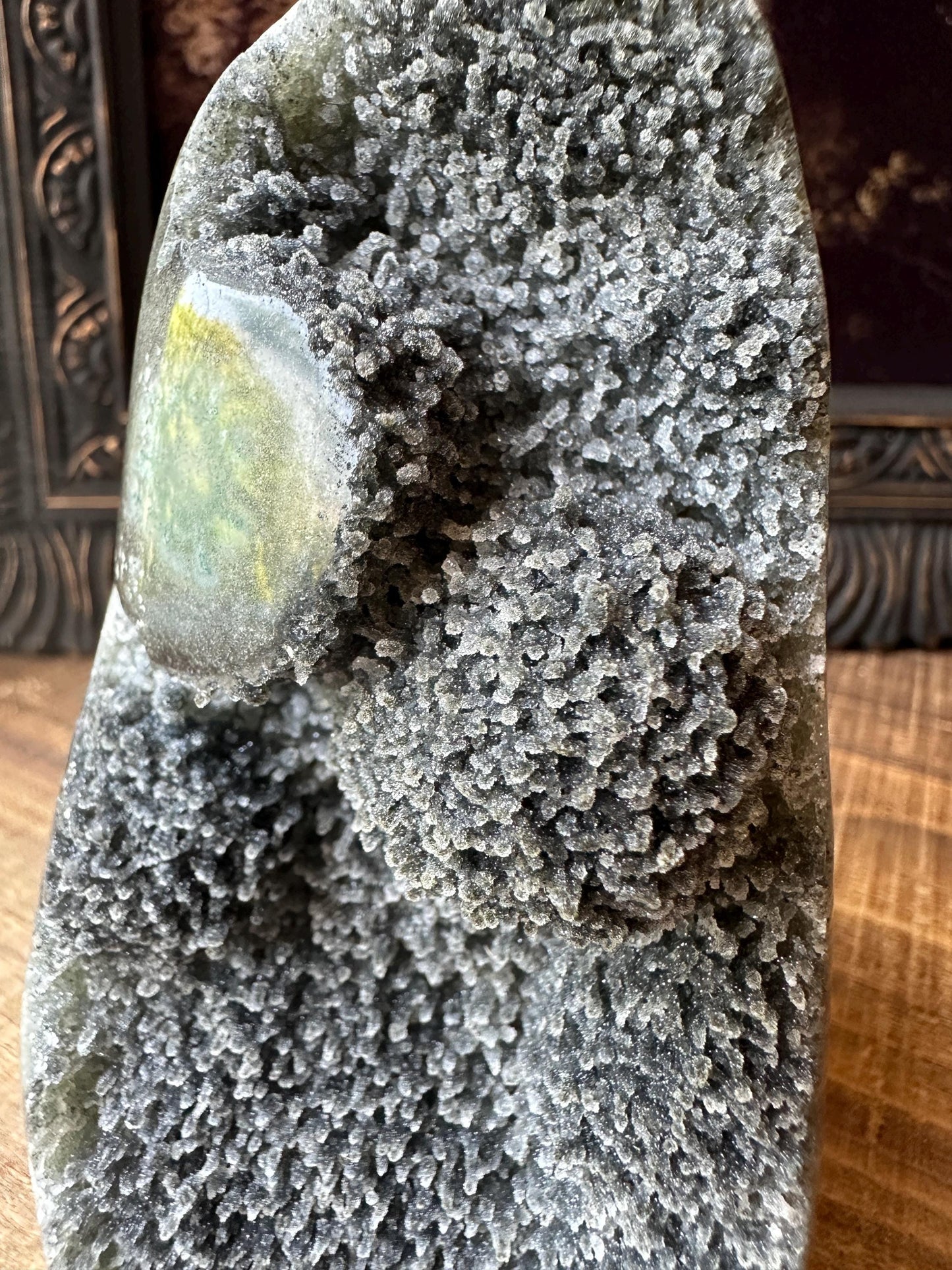 Galaxy Uruguay Amethyst Cut Base with a Stalactite Black Unique Crystal Druzy