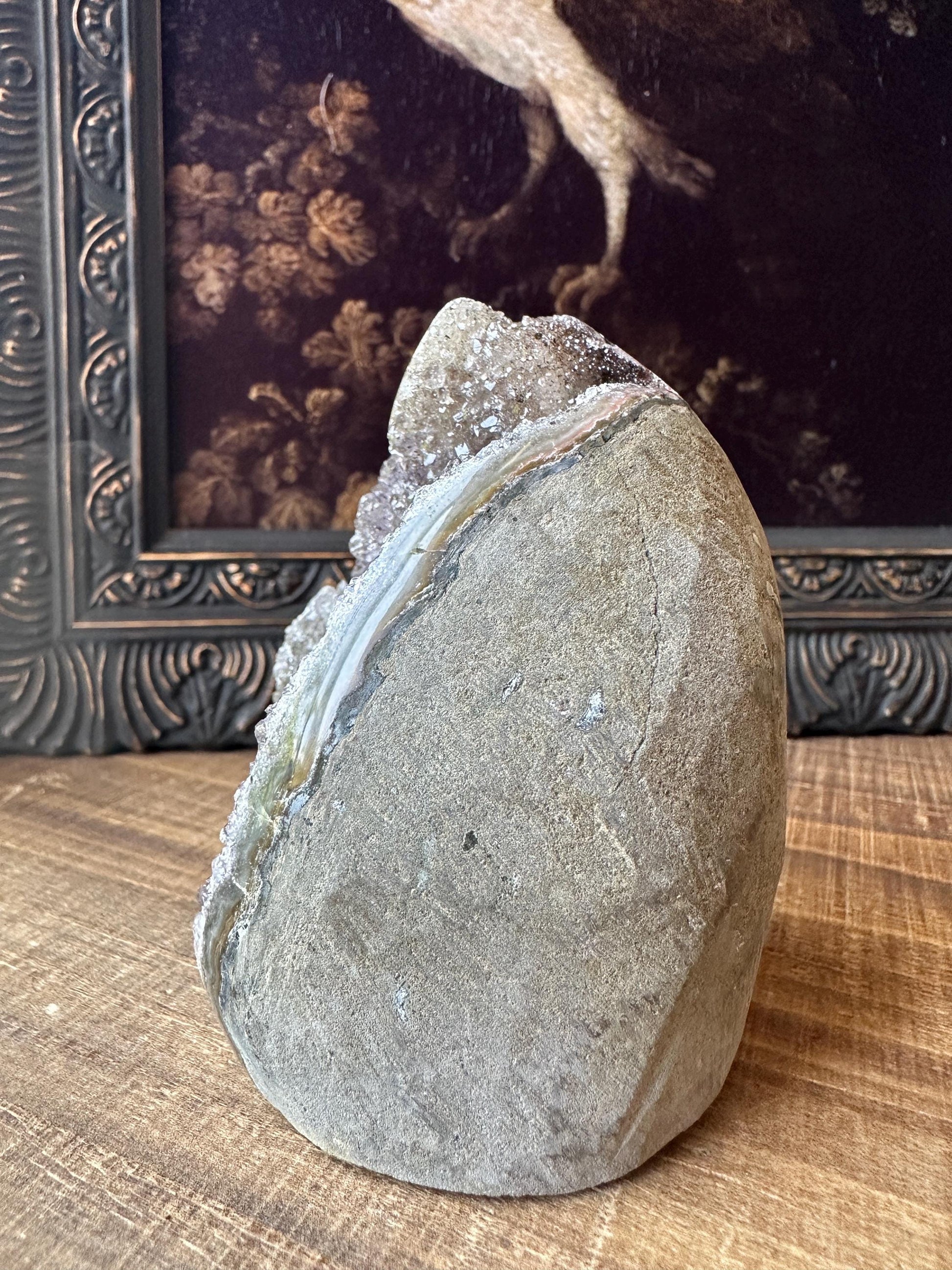 Grey-Balck-Purple Uruguay Amethyst Cut Base with a Stalactite with deep purple cave, Unique Crystal Druzy