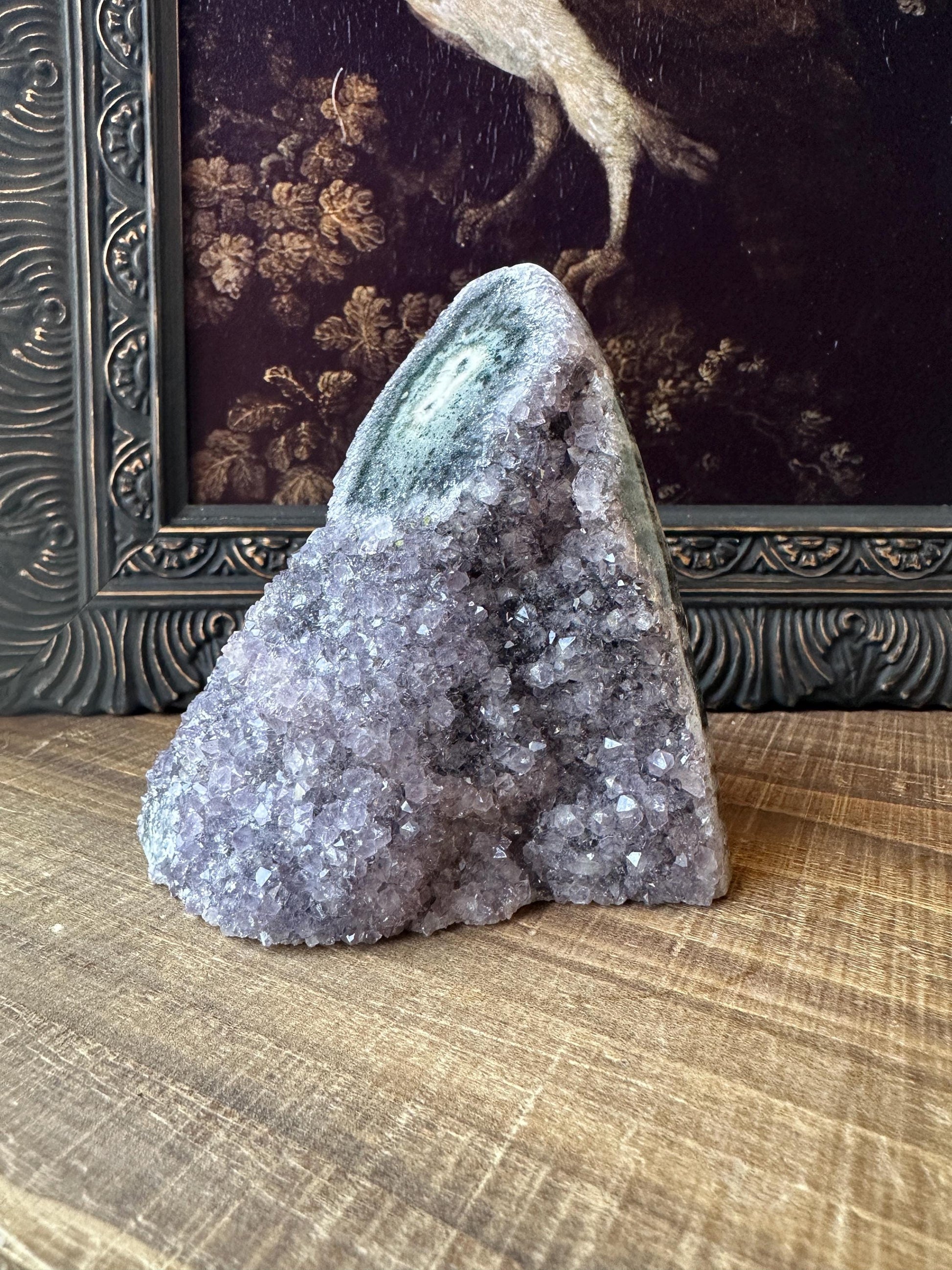 Uruguay Amethyst Cut Base with a Stalactite Black Unique Crystal Druzy