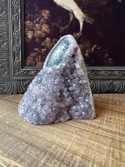 Uruguay Amethyst Cut Base with a Stalactite Black Unique Crystal Druzy