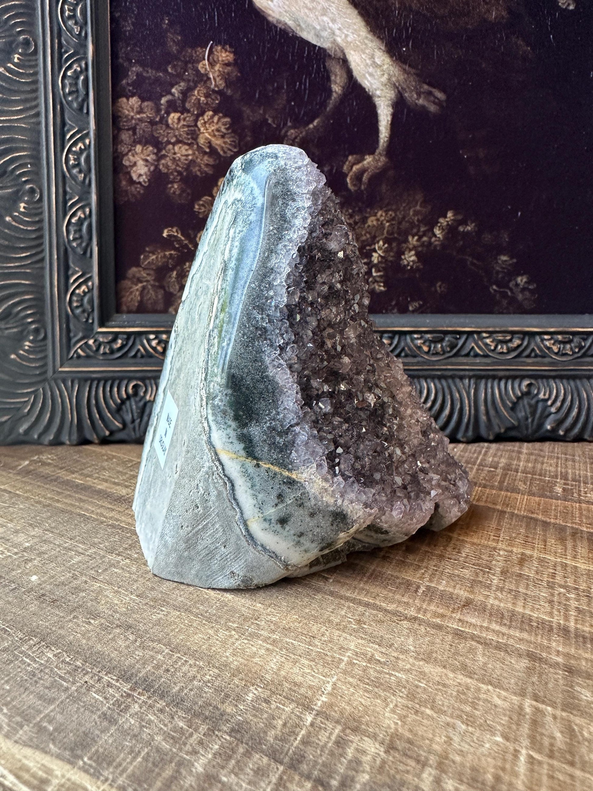 Uruguay Amethyst Cut Base with a Stalactite Black Unique Crystal Druzy