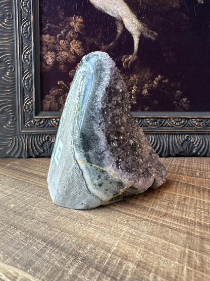 Uruguay Amethyst Cut Base with a Stalactite Black Unique Crystal Druzy