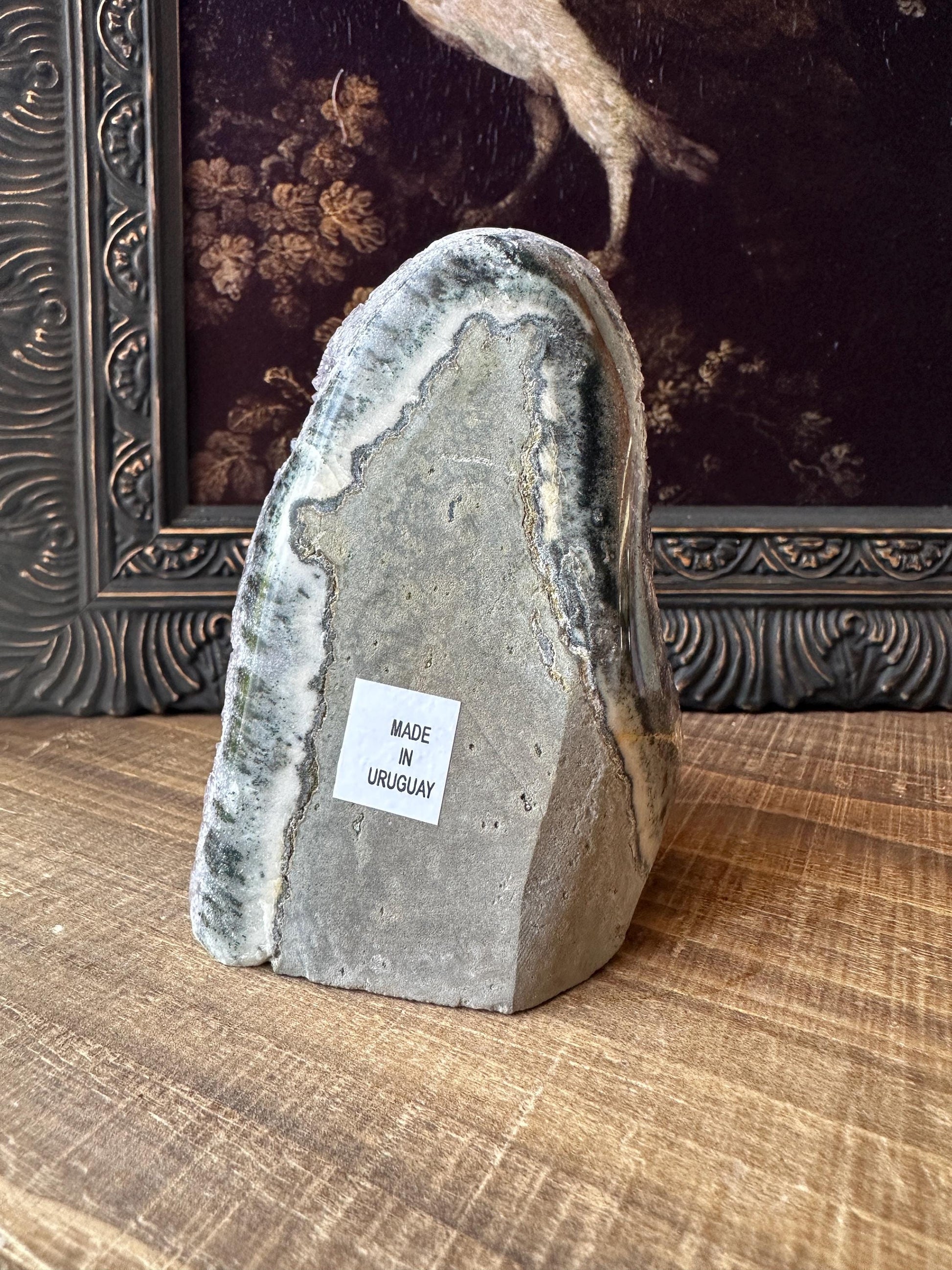 Uruguay Amethyst Cut Base with a Stalactite Black Unique Crystal Druzy