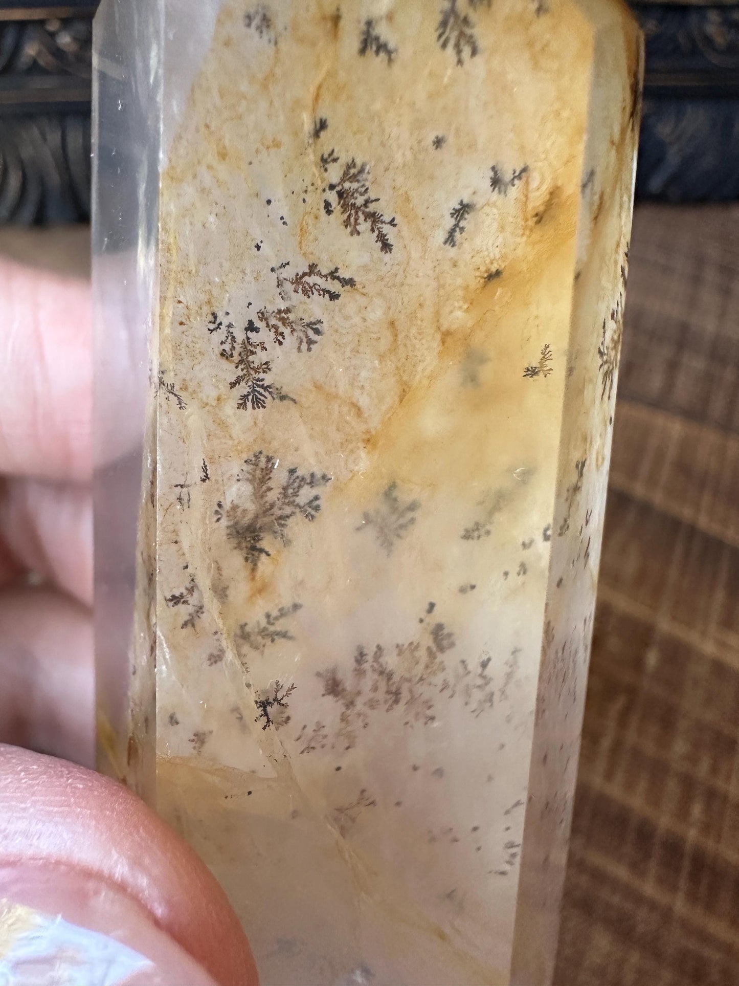 Transparent dendritic quartz tower with golden healer