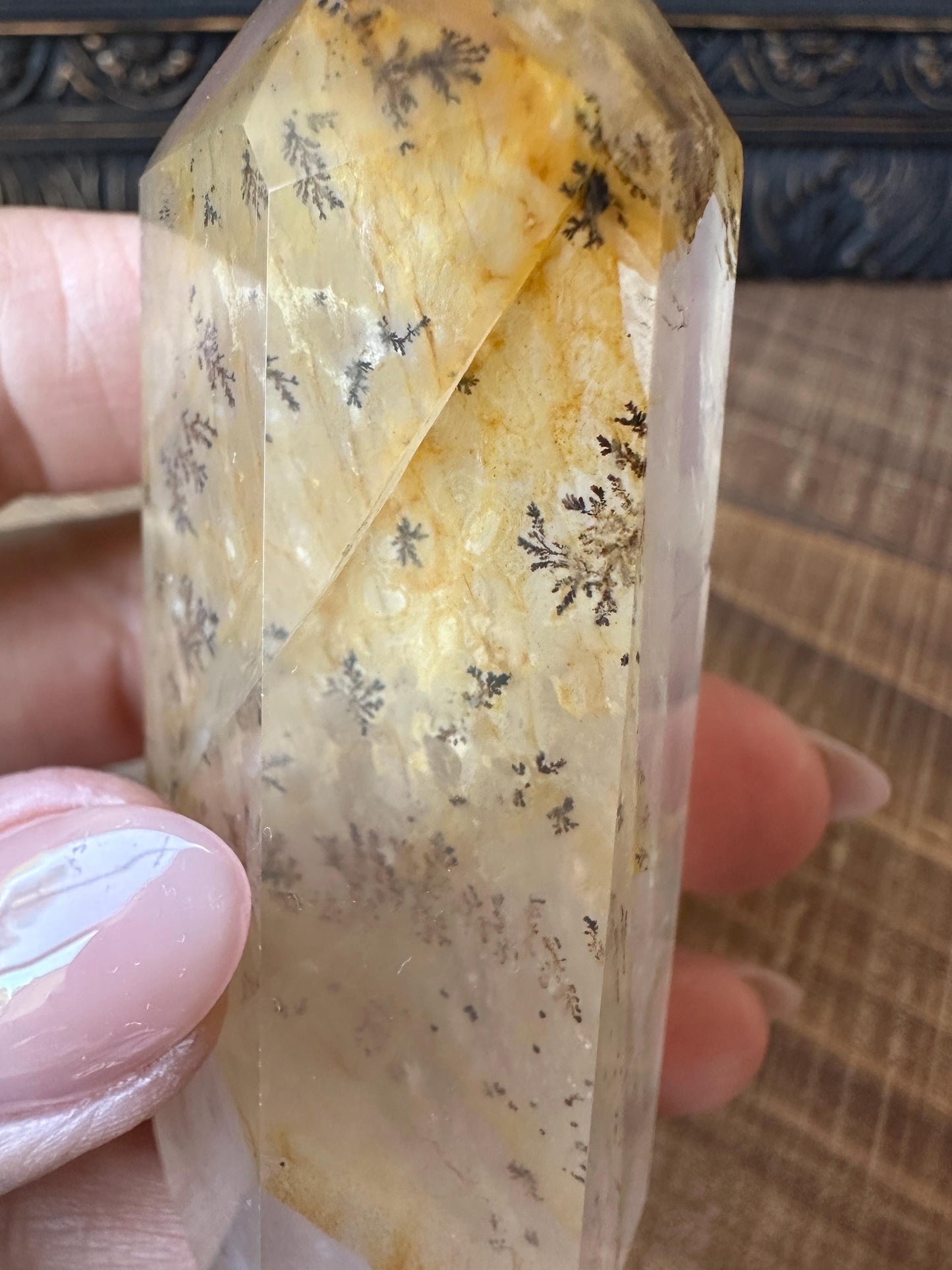 Transparent dendritic quartz tower with golden healer