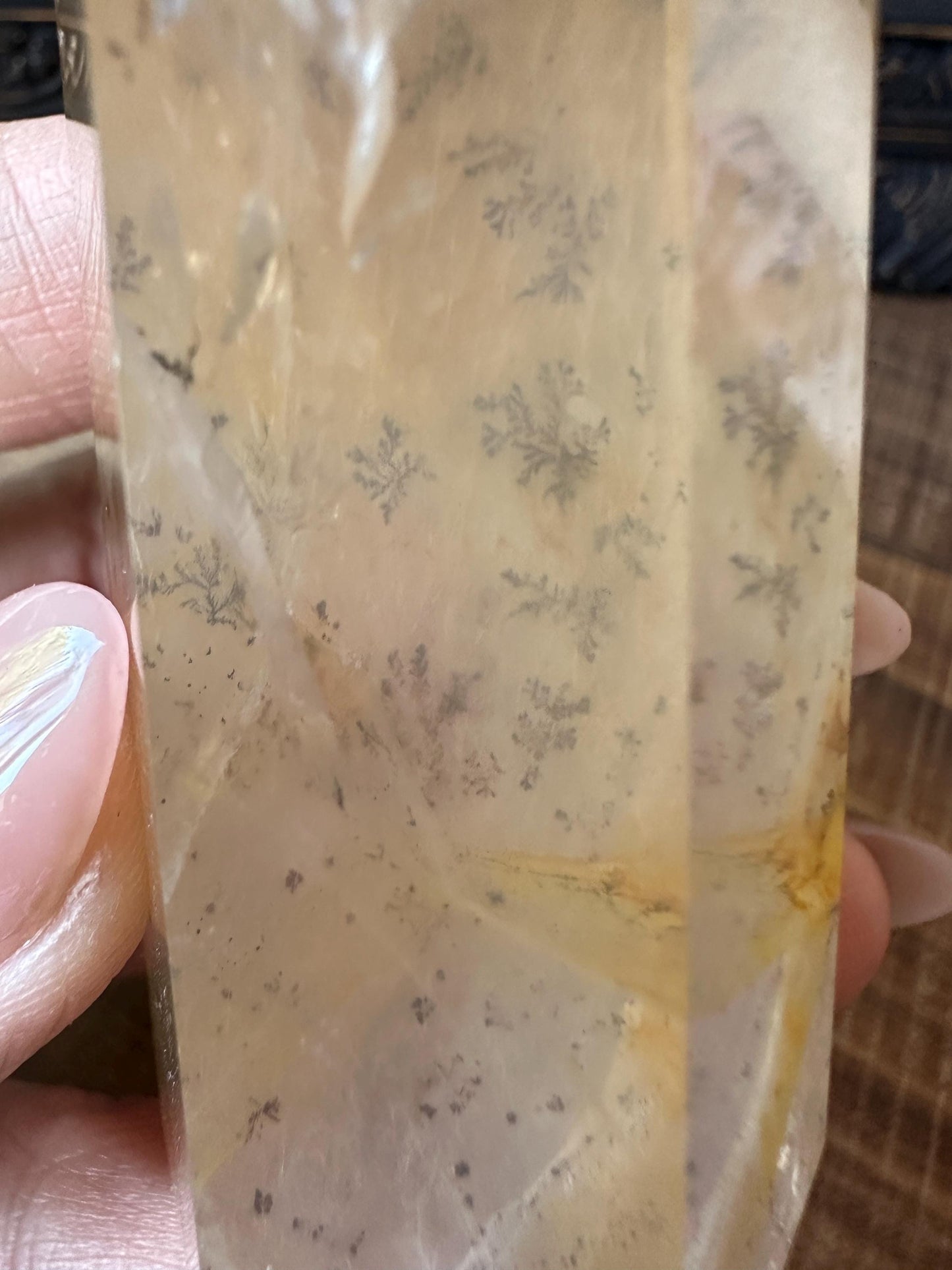 Transparent dendritic quartz tower with golden healer