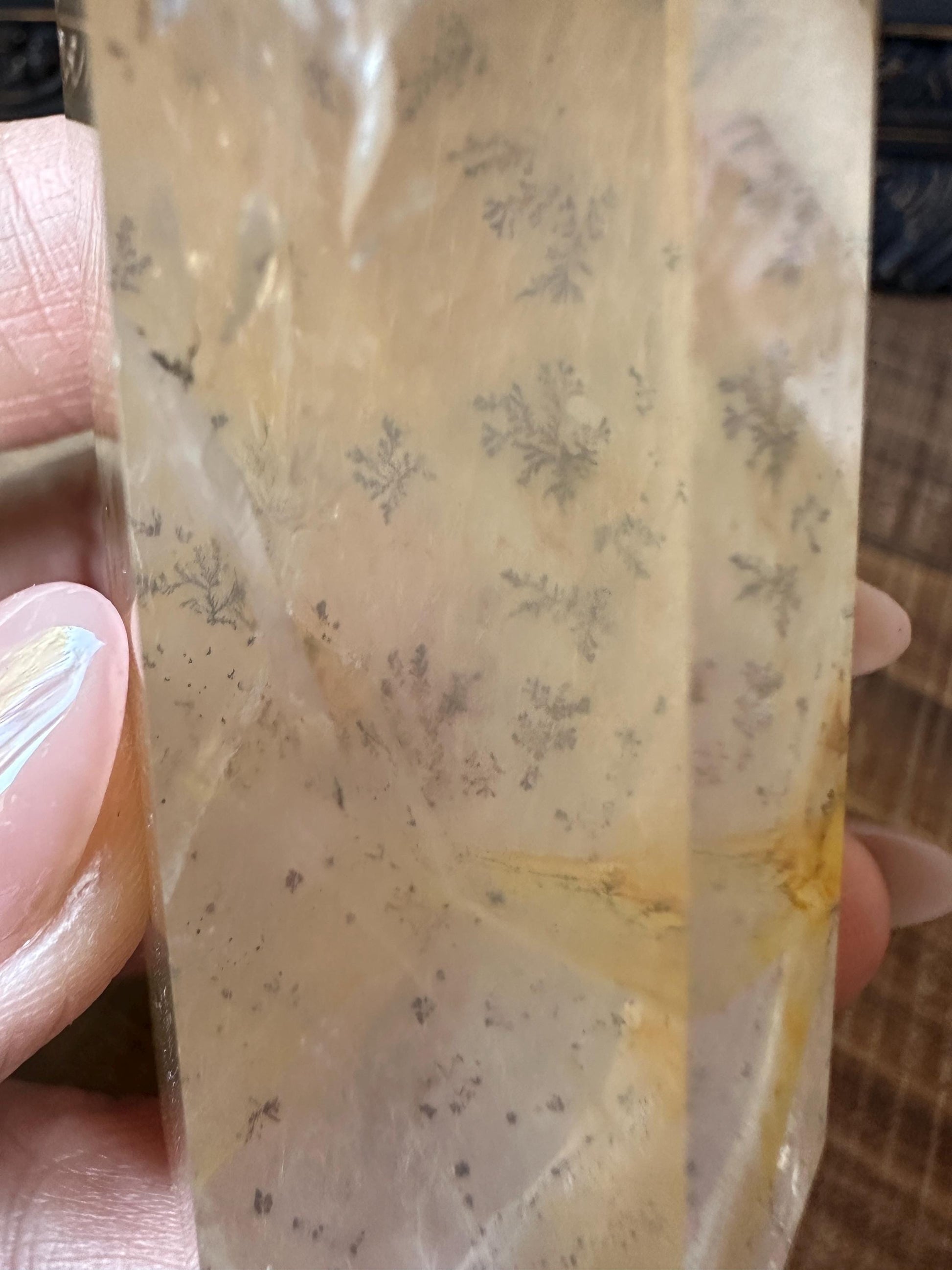 Transparent dendritic quartz tower with golden healer