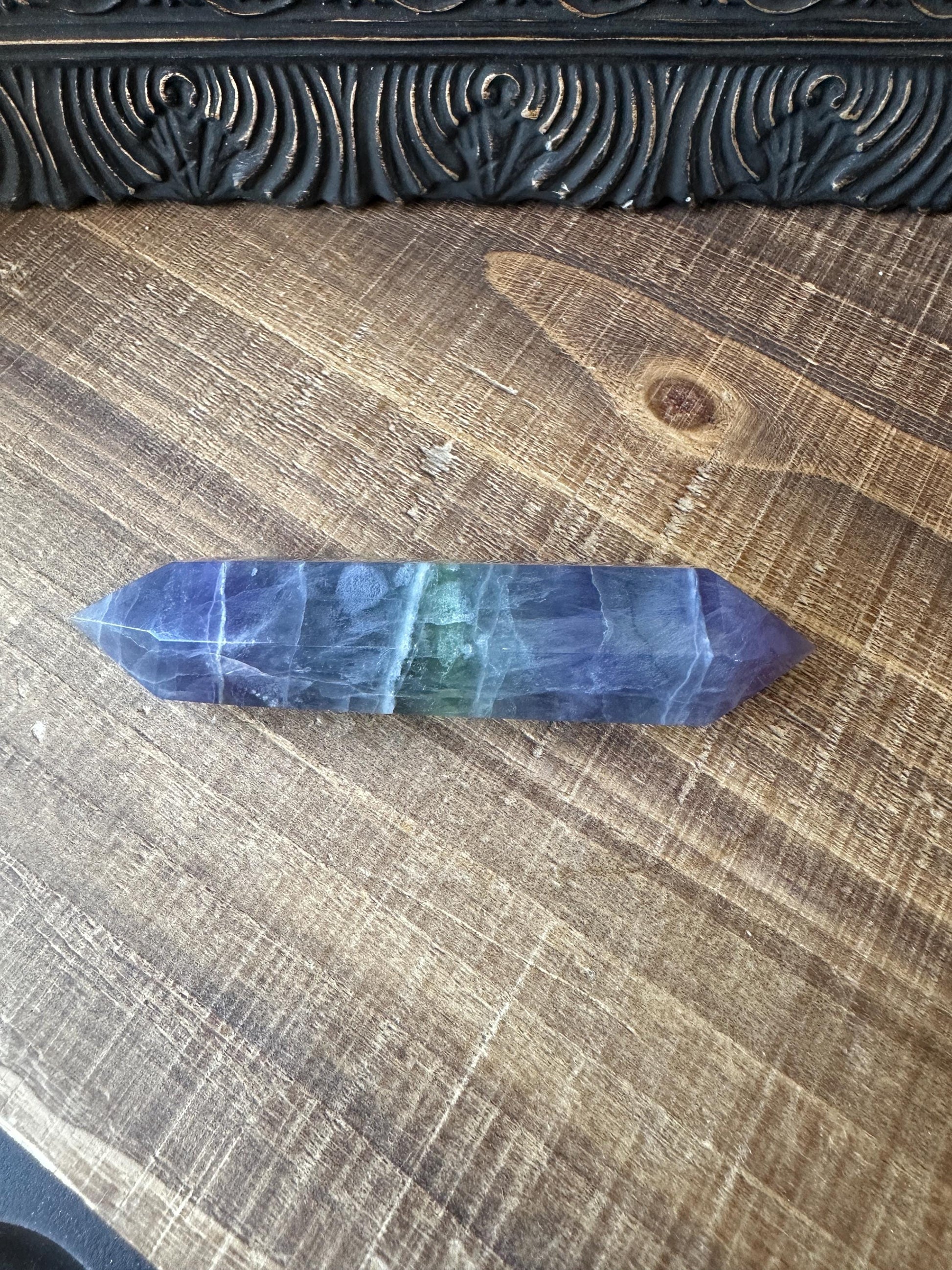 Rainbow fluorite DT point, blue fluorite double point