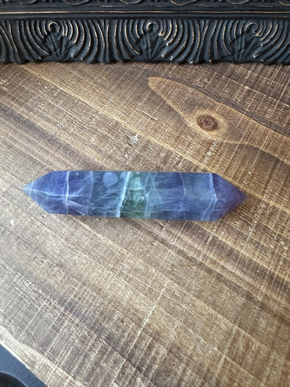 Rainbow fluorite DT point, blue fluorite double point