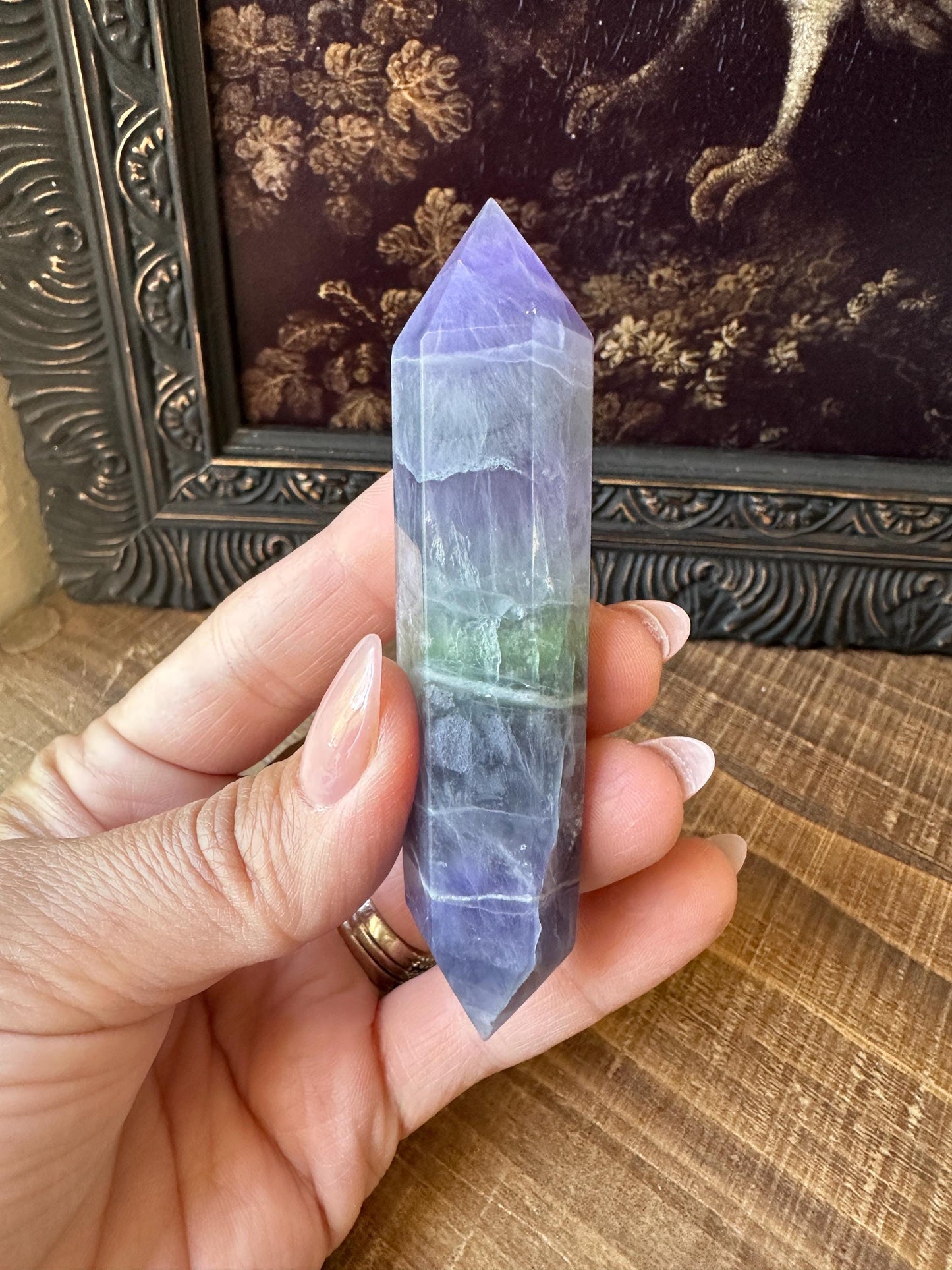 Rainbow fluorite DT point, blue fluorite double point