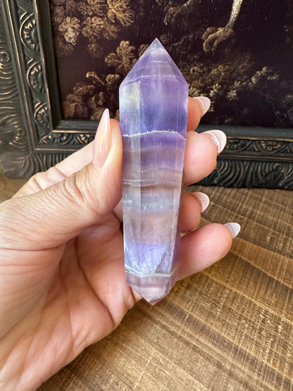 Rainbow fluorite DT point, blue fluorite double point