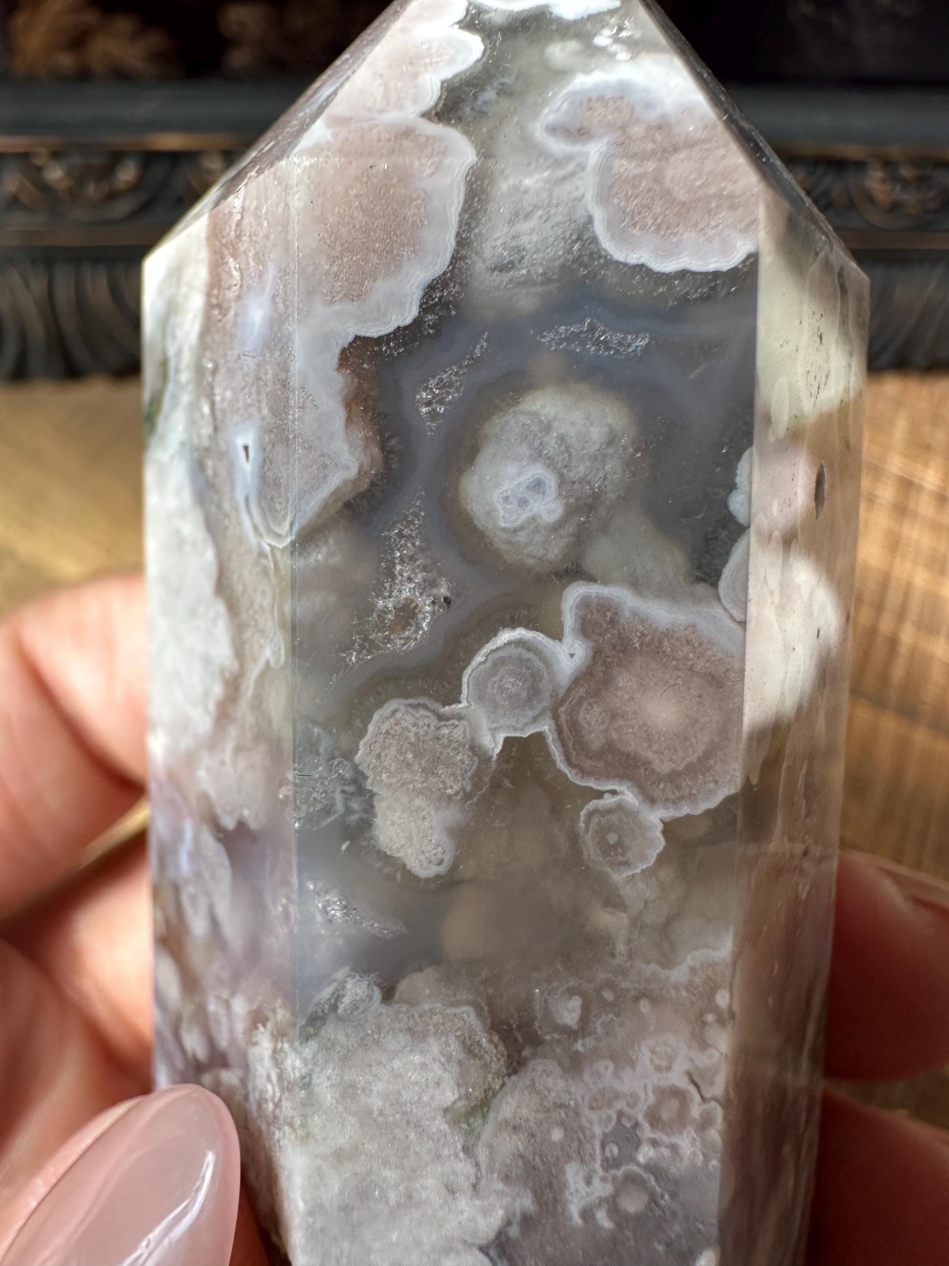 Sugar Druzy Blue Flower Agate Tower with Beautiful Pink & Blue Flower patter all over