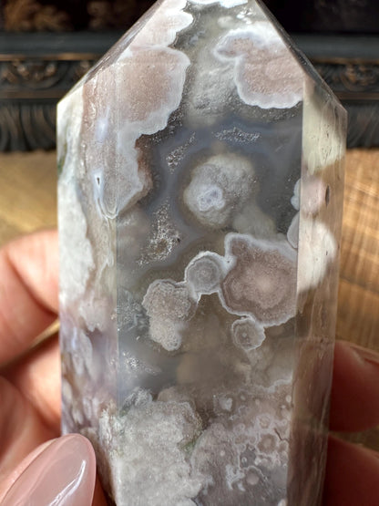 Sugar Druzy Blue Flower Agate Tower with Beautiful Pink & Blue Flower patter all over