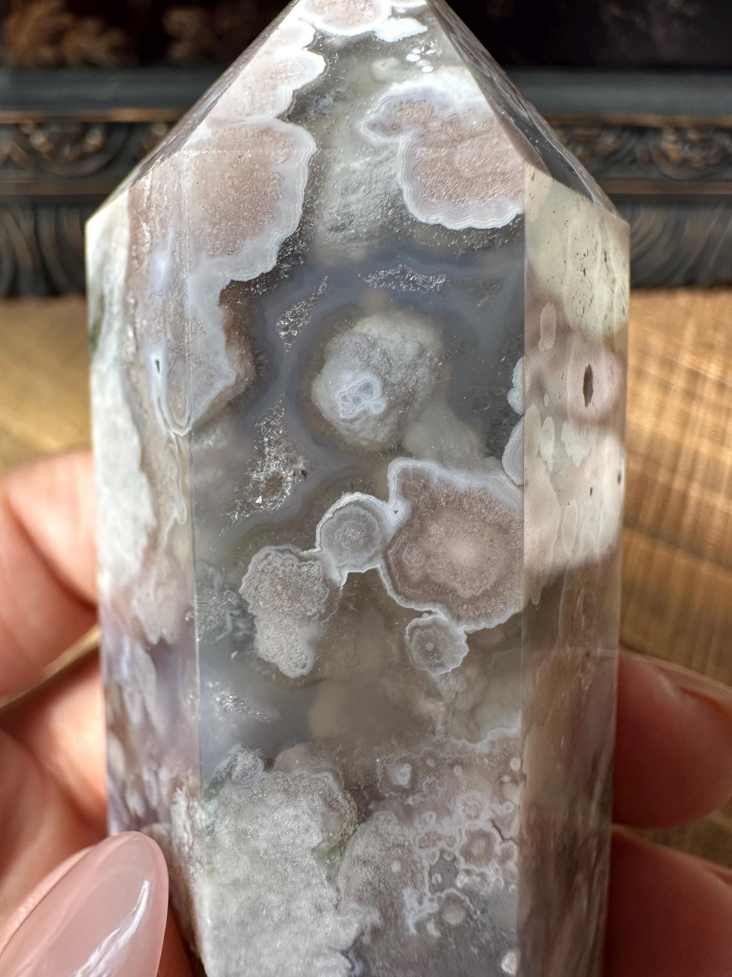 Sugar Druzy Blue Flower Agate Tower with Beautiful Pink & Blue Flower patter all over