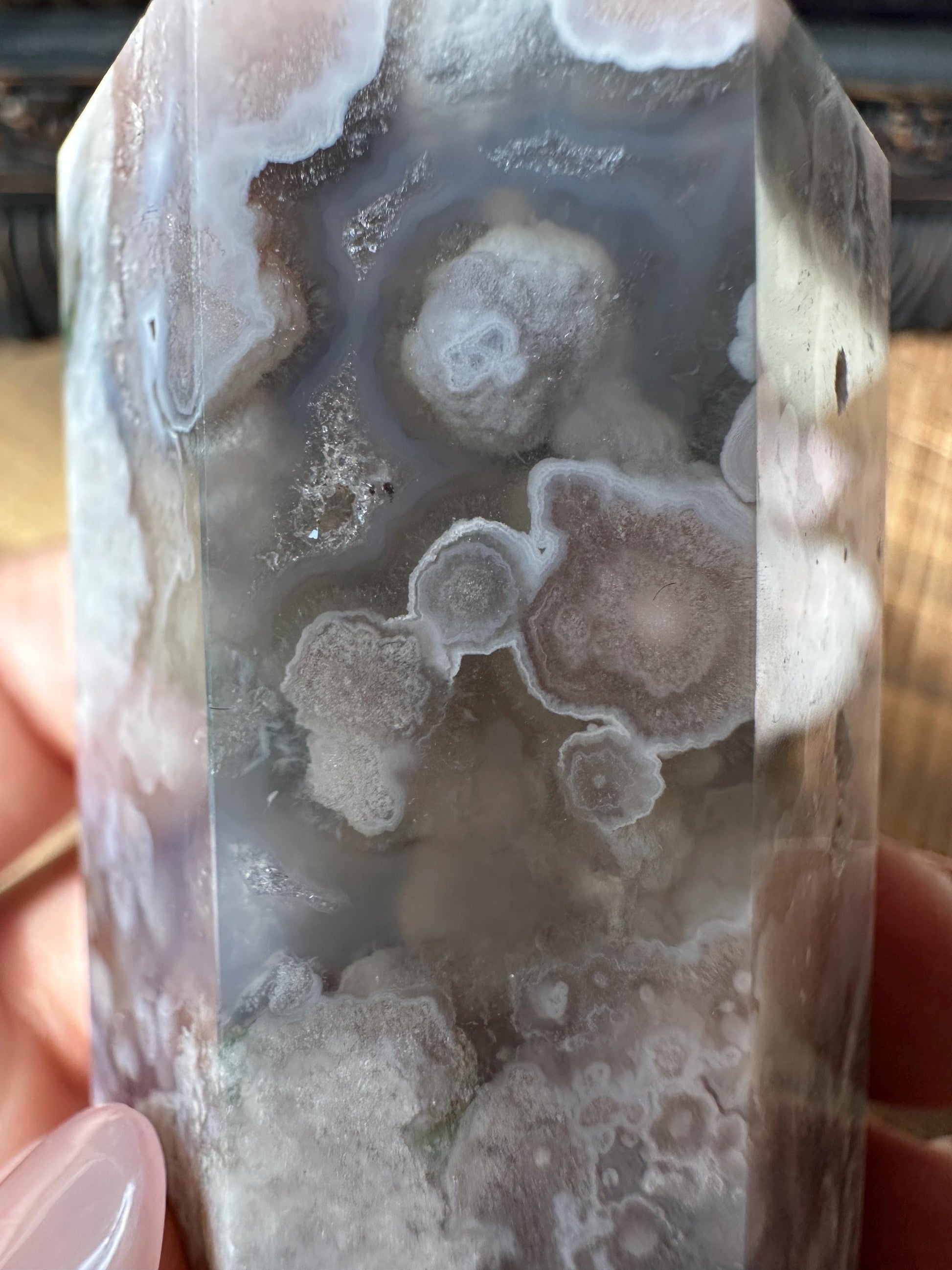 Sugar Druzy Blue Flower Agate Tower with Beautiful Pink & Blue Flower patter all over