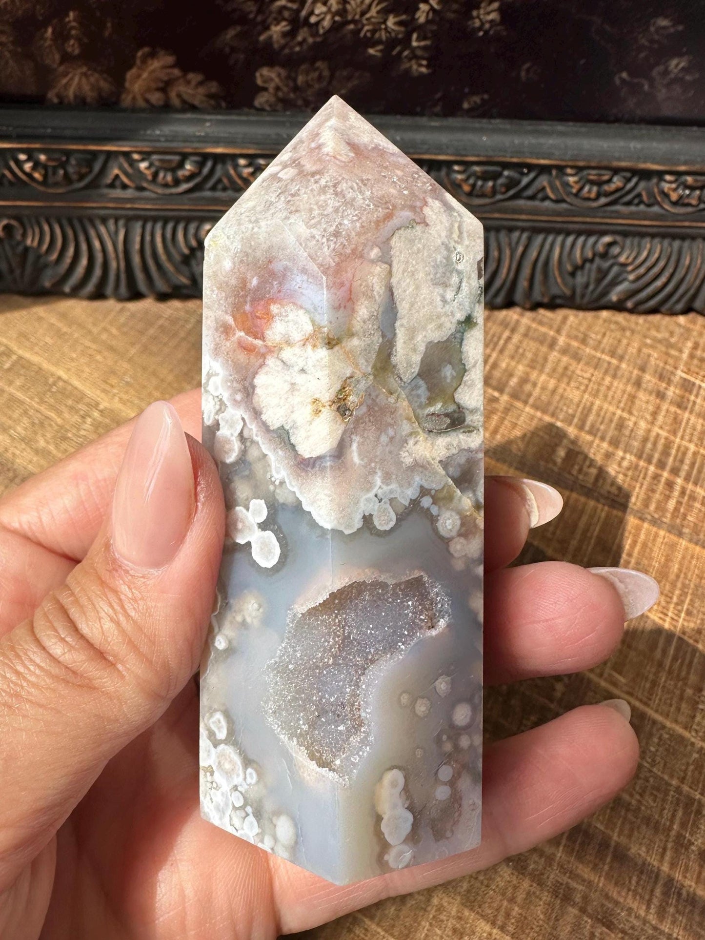 Sugar Druzy Blue Flower Agate Tower with Beautiful Pink & Blue Flower patter all over