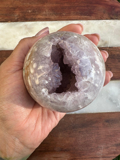 Flower agate sphere with druzy amethyst cave quartz gemmy