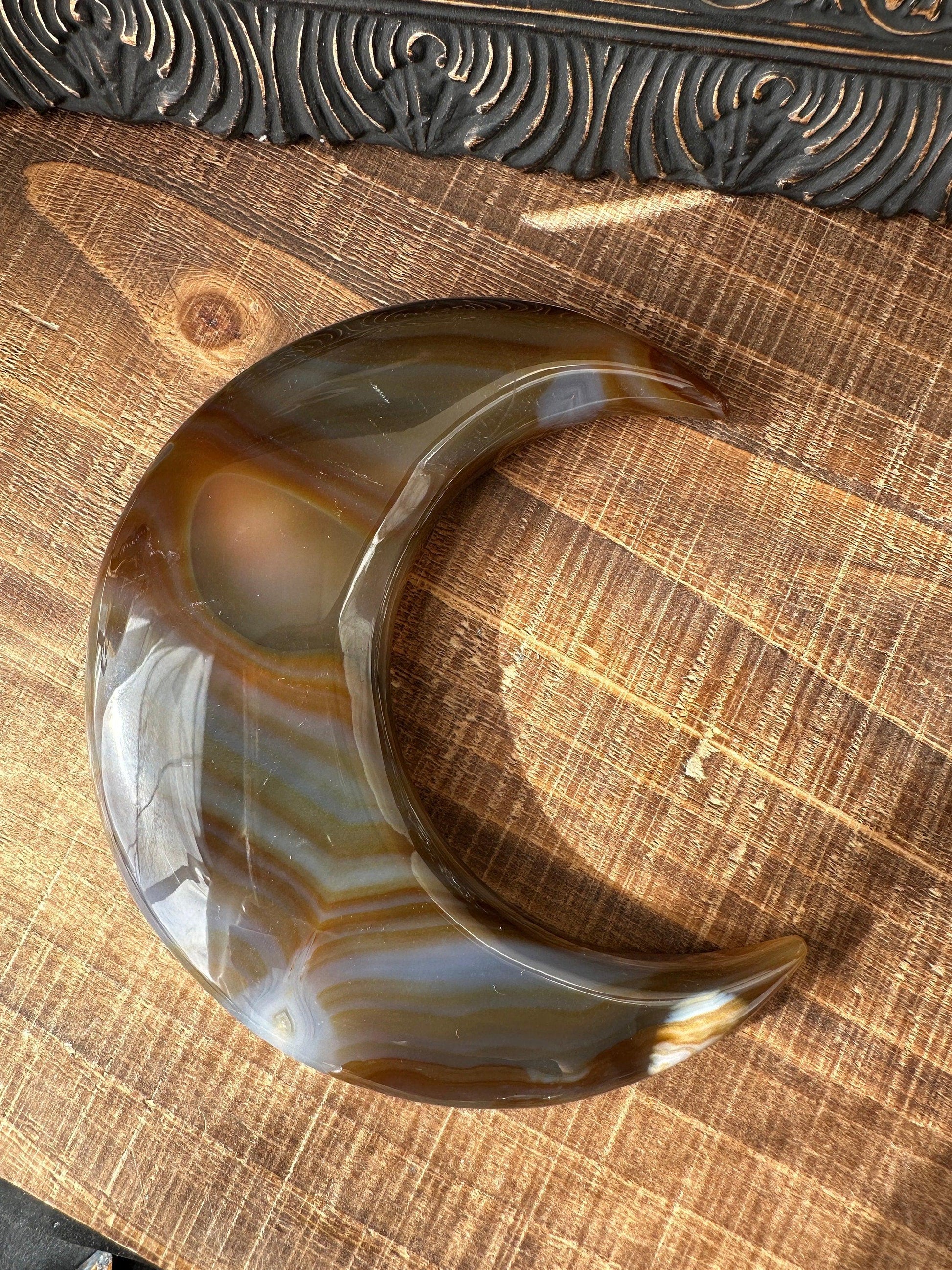 Translucent Blue Brown Banded Agate Crescent Moon Sugar Druzy Crystal Moon