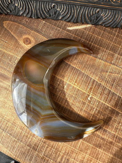 Translucent Blue Brown Banded Agate Crescent Moon Sugar Druzy Crystal Moon