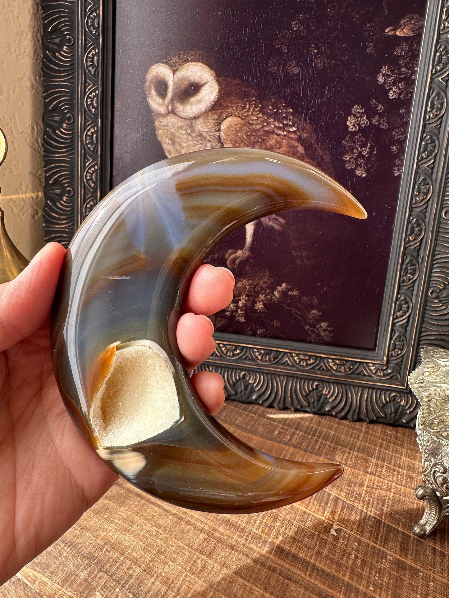 Translucent Blue Brown Banded Agate Crescent Moon Sugar Druzy Crystal Moon