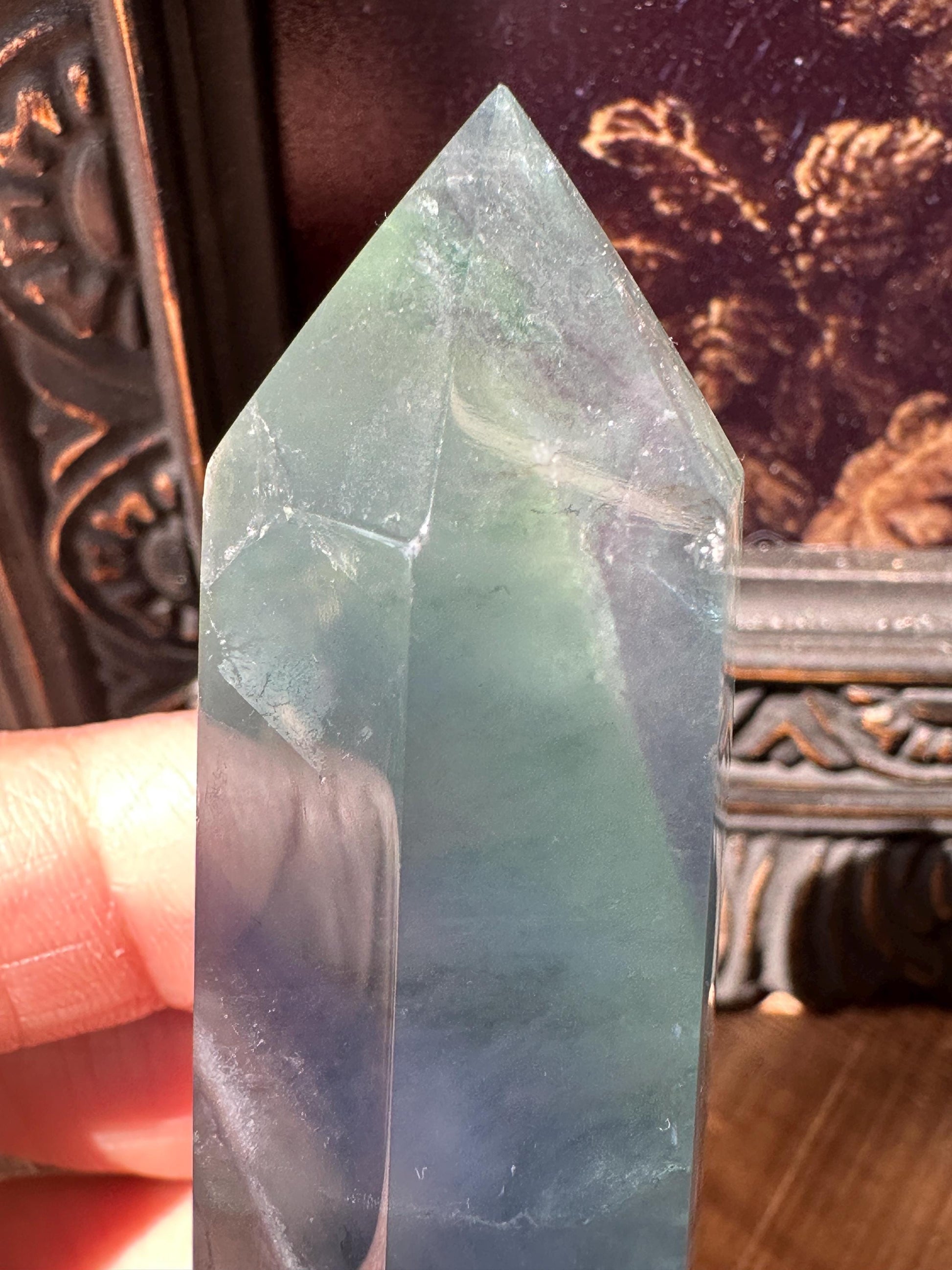 Blue Green fluorite tower with purple banding, fluorite point, rainbow fluorite