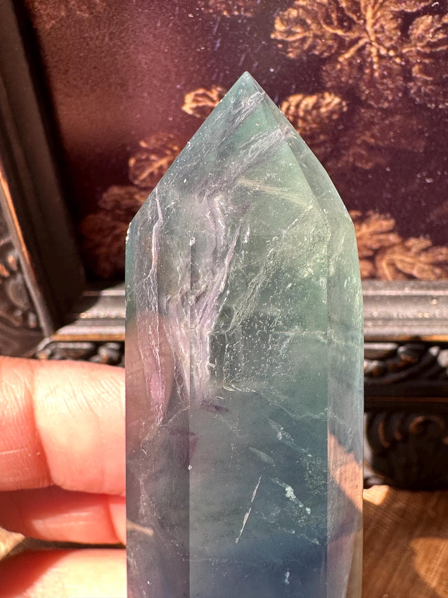 Blue Green fluorite tower with purple banding, fluorite point, rainbow fluorite