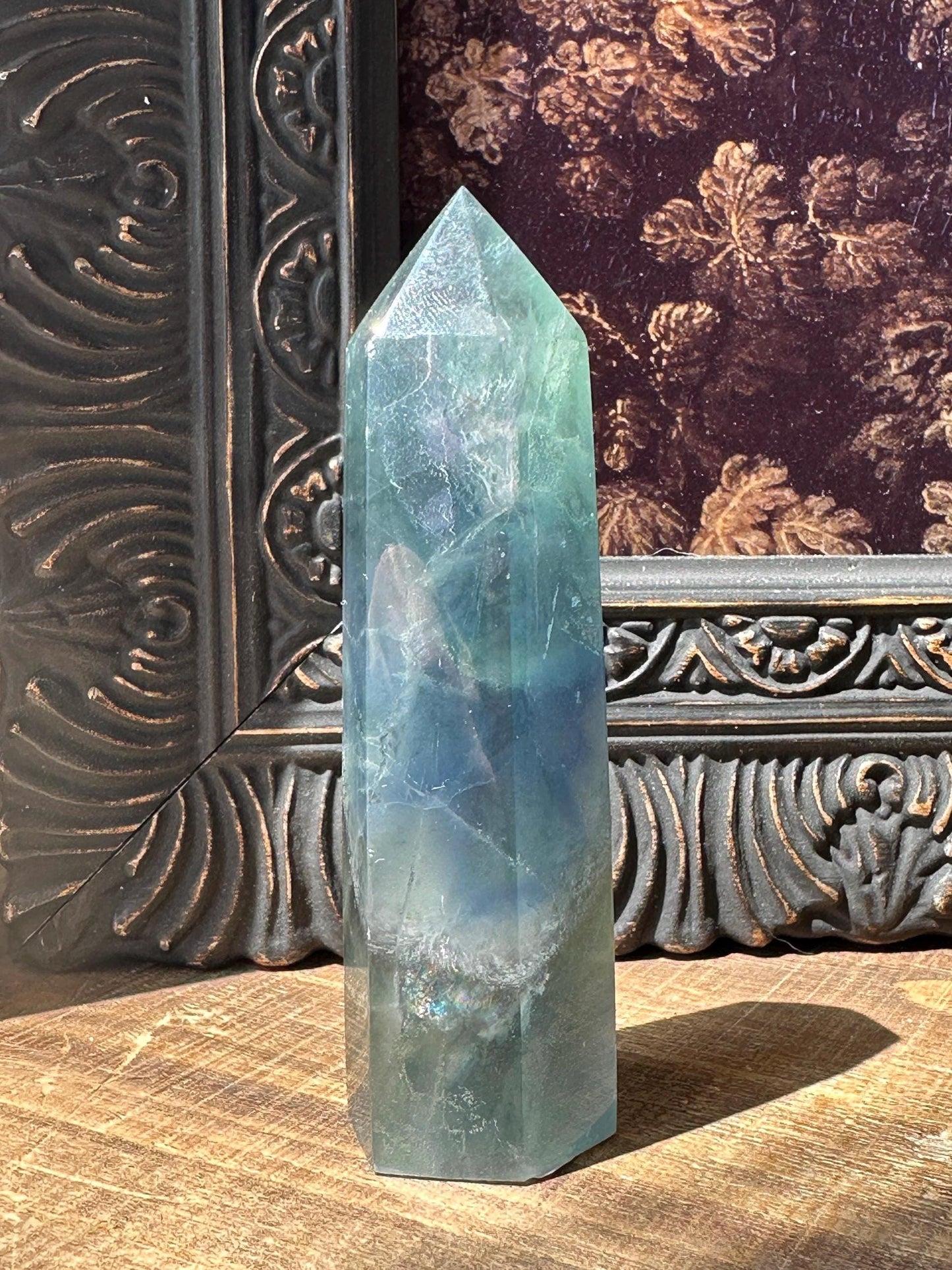 Blue Green fluorite tower with purple banding, fluorite point, rainbow fluorite