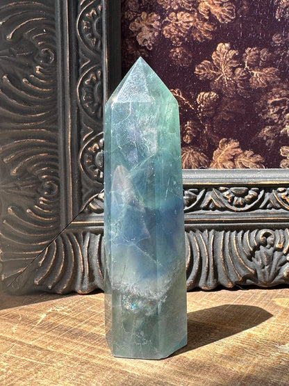 Blue Green fluorite tower with purple banding, fluorite point, rainbow fluorite