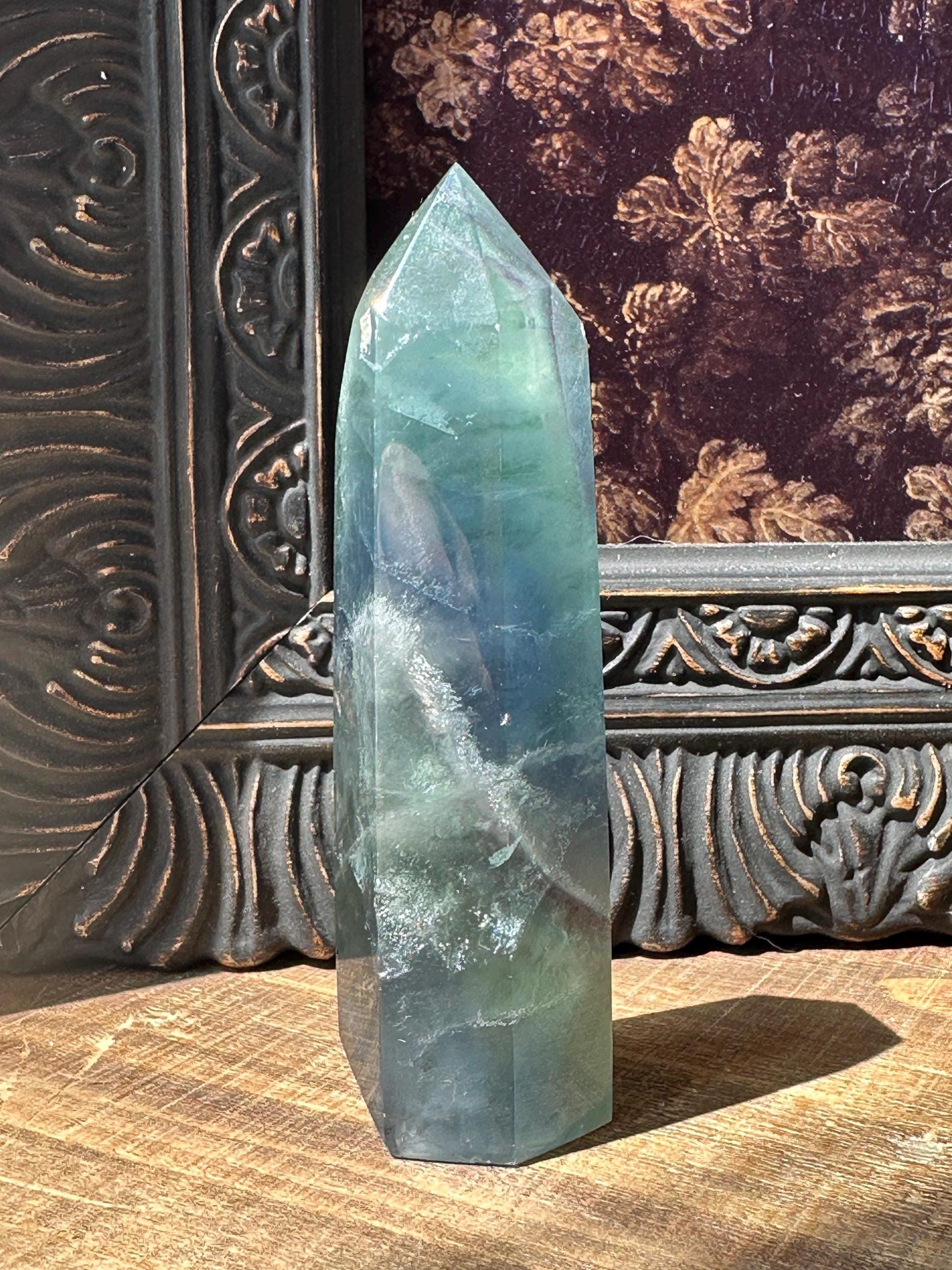 Blue Green fluorite tower with purple banding, fluorite point, rainbow fluorite