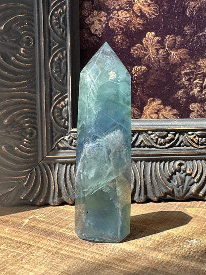 Blue Green fluorite tower with purple banding, fluorite point, rainbow fluorite