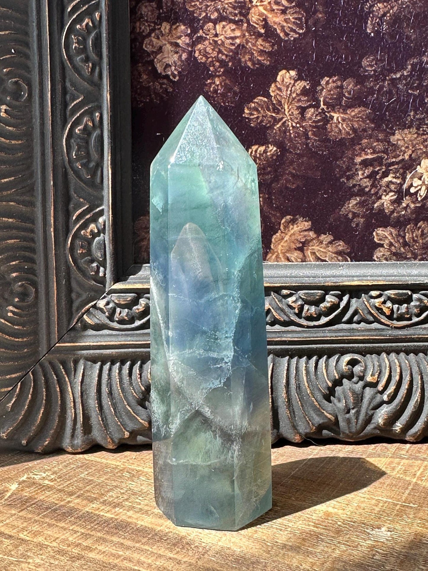 Blue Green fluorite tower with purple banding, fluorite point, rainbow fluorite