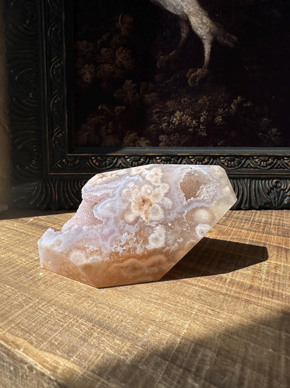 Pink Flower Agate Freeform with Beautiful druzy cave & gorgeous flower patter all over