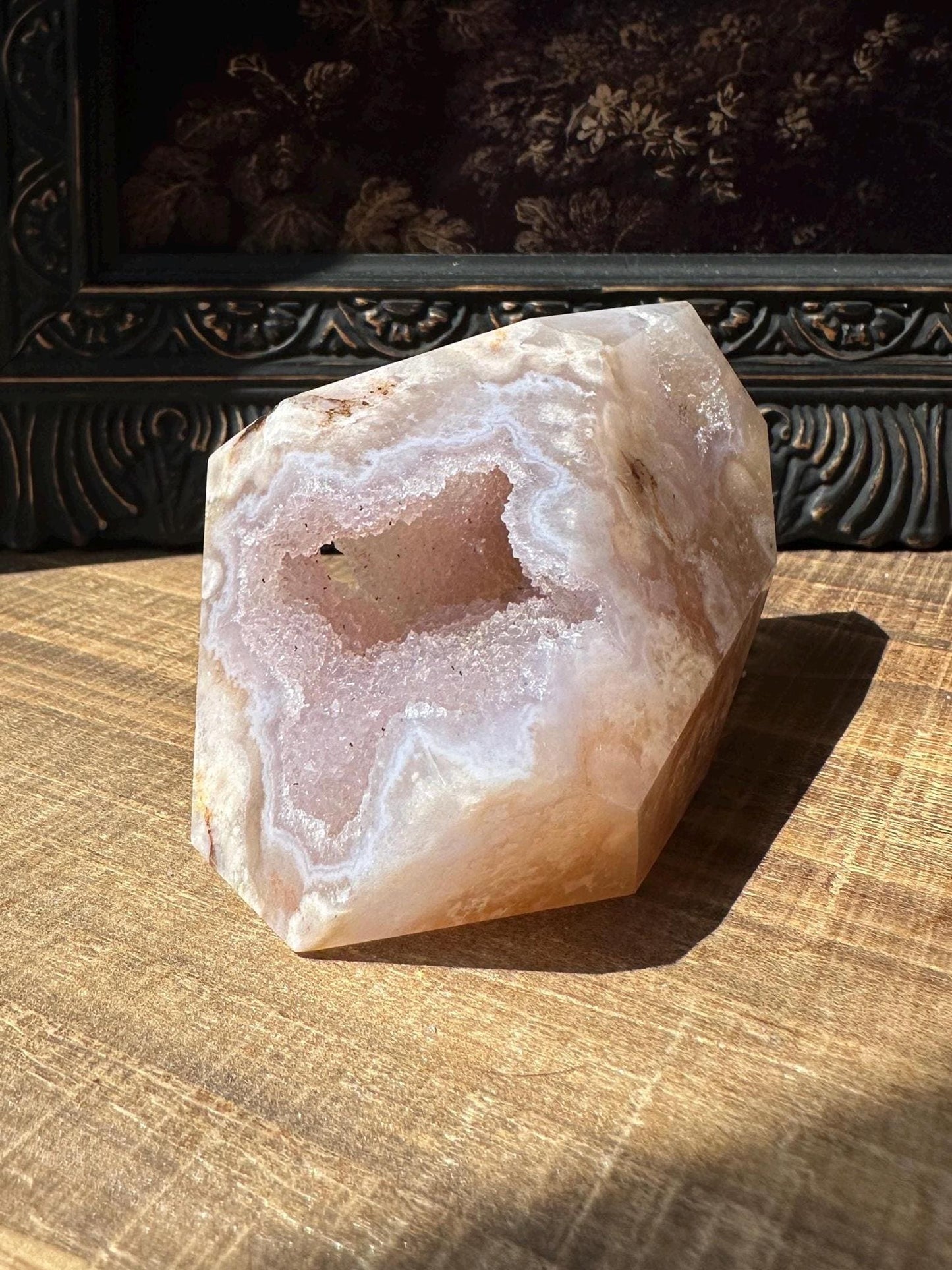 Pink Flower Agate Freeform with Beautiful druzy cave & gorgeous flower patter all over