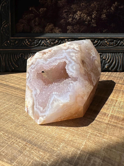 Pink Flower Agate Freeform with Beautiful druzy cave & gorgeous flower patter all over