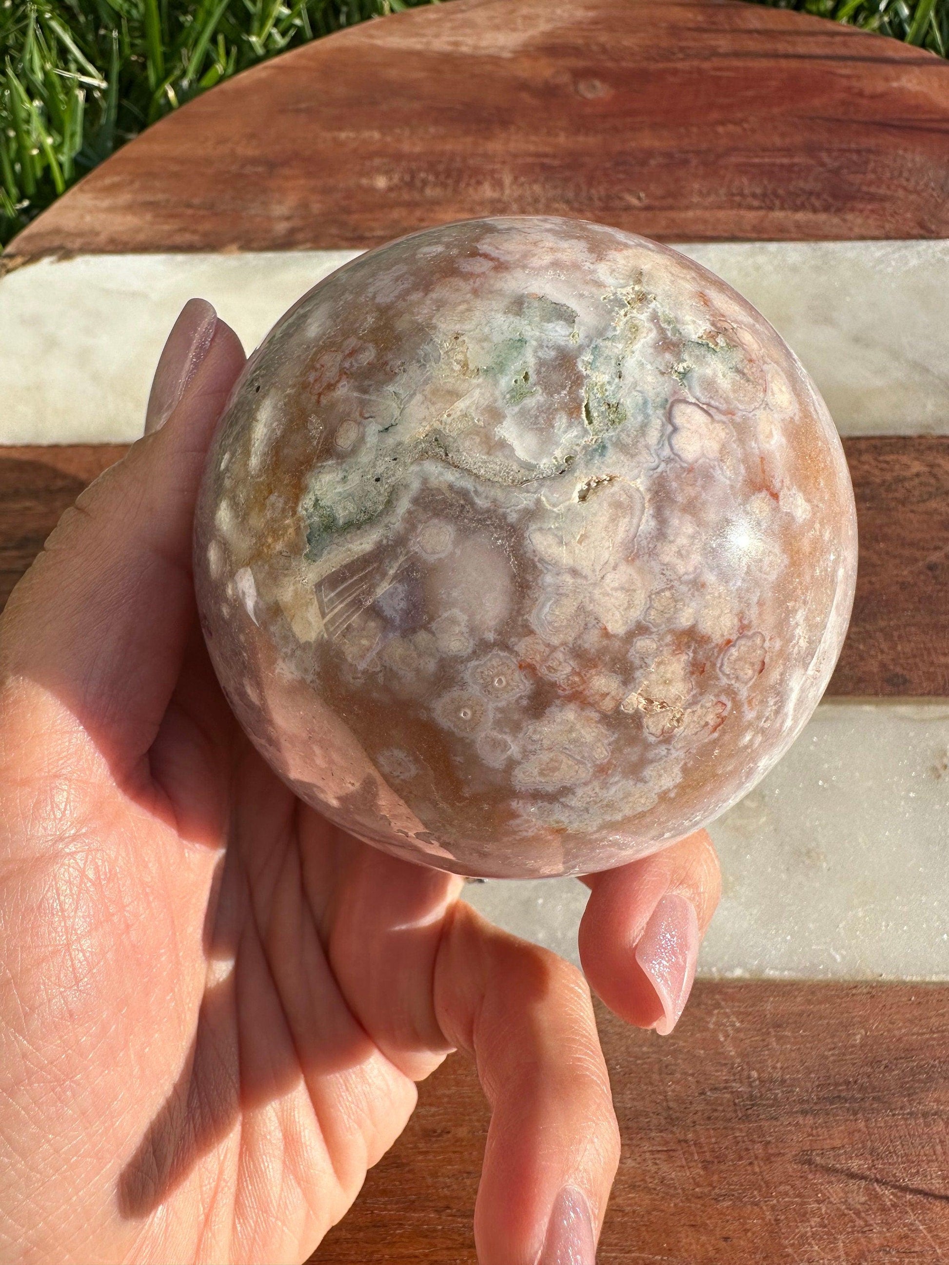 Flower agate sphere with druzy amethyst cave quartz gemmy