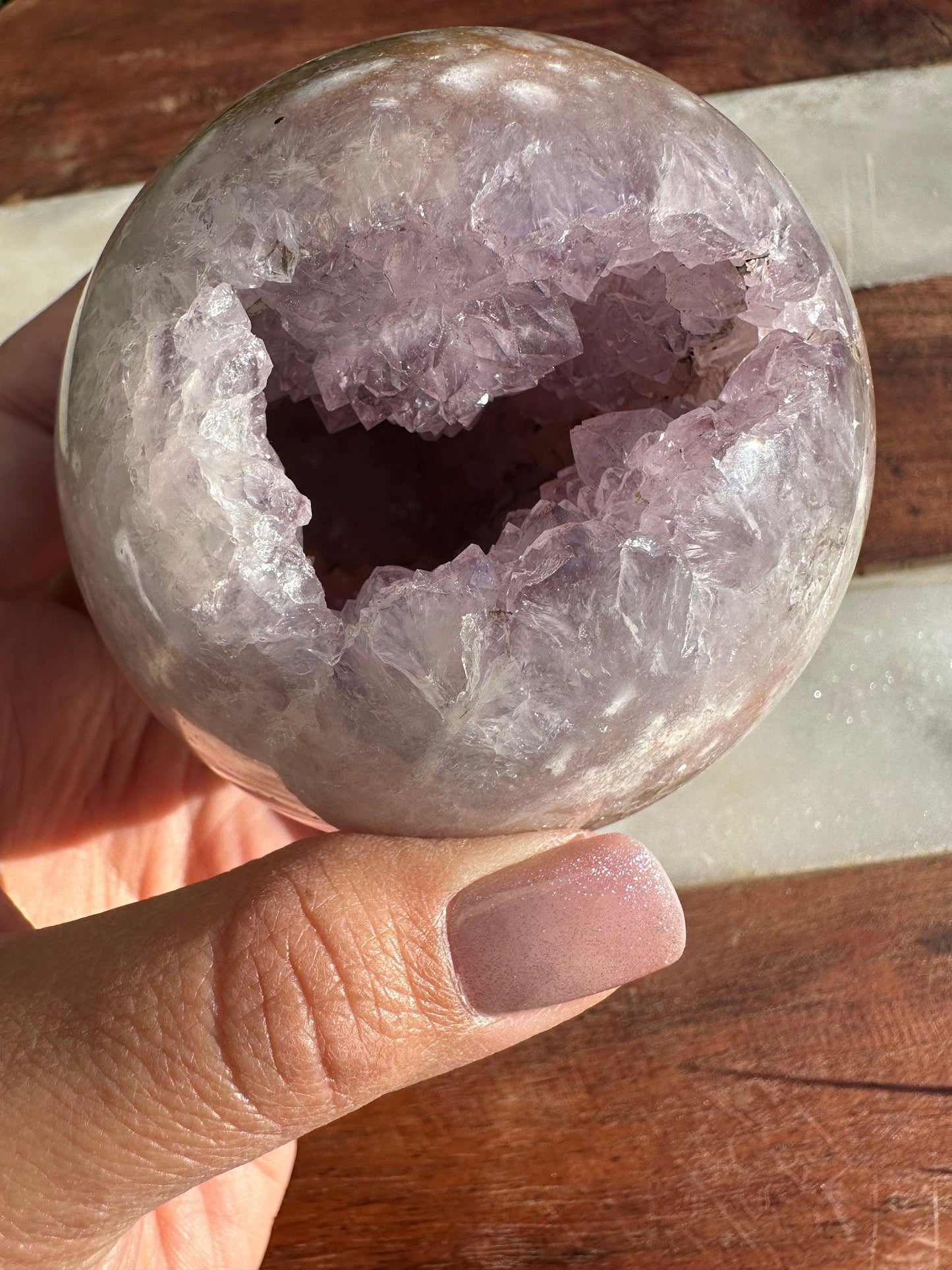 Flower agate sphere with druzy amethyst cave quartz gemmy