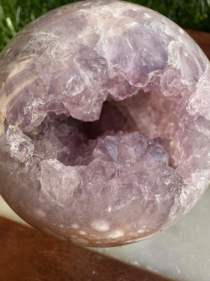 Flower agate sphere with druzy amethyst cave quartz gemmy